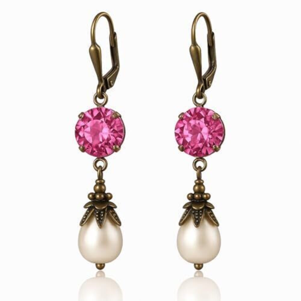 9948 Vintage Leverback Earrings Simulated Pearl Austrian Crystal Dangle